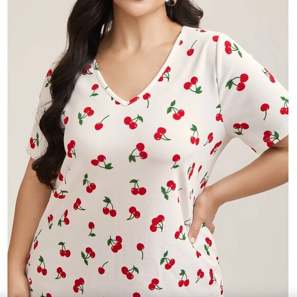 BloomChic Tops - Bloomchic Cherry Print Stretchy V-Neck T-Shirt - Size 14/16 1/X - NWT